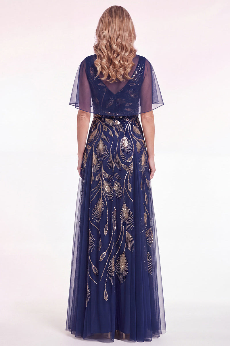 Laden Sie das Bild in den Galerie-Viewer, Marineblaues Perlen Umhang A-Linie Langes Mutter der Braut Kleid