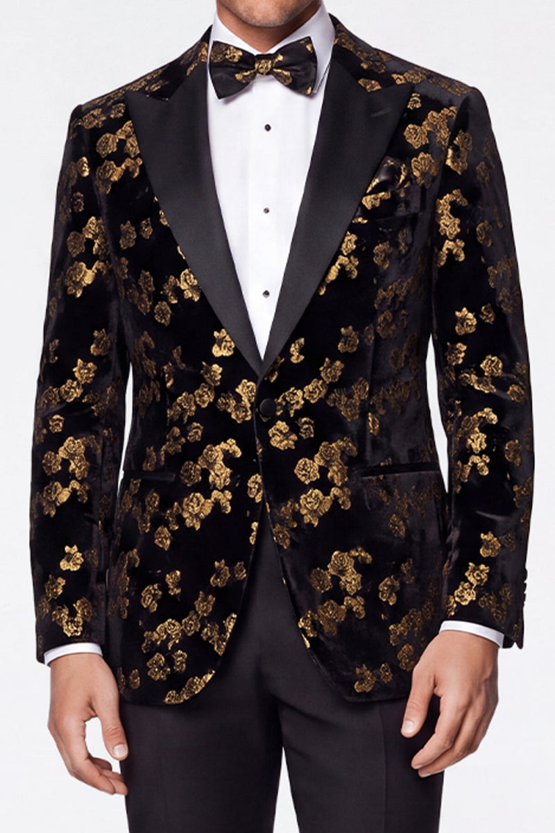 Laden Sie das Bild in den Galerie-Viewer, Schwarze Goldene 2-teilige Jacquard Herrenanzüge mit Spitzrevers und Einreihigen Herrenabschlussballen