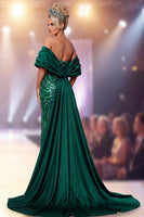 Laden Sie das Bild in den Galerie-Viewer, Dunkelgrünes trägerloses Pailletten-Maxi-Pageant-Kleid mit Seitenschlitz