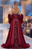 Laden Sie das Bild in den Galerie-Viewer, Burgundergrünes Meerjungfrauen-Neckholder, rüschendes Statement-Ärmel und langes Festkleid mit Pailletten