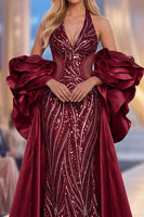 Laden Sie das Bild in den Galerie-Viewer, Burgundergrünes Meerjungfrauen-Neckholder, rüschendes Statement-Ärmel und langes Festkleid mit Pailletten