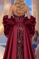 Laden Sie das Bild in den Galerie-Viewer, Burgundergrünes Meerjungfrauen-Neckholder, rüschendes Statement-Ärmel und langes Festkleid mit Pailletten