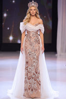 Laden Sie das Bild in den Galerie-Viewer, Blush Sheath Asymmetrische Off-the-Shoulder Paillettenapplikationen Maxi Pageant Kleid
