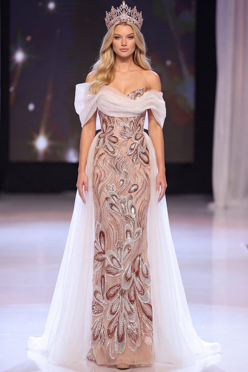 Laden Sie das Bild in den Galerie-Viewer, Blush Sheath Asymmetrische Off-the-Shoulder Paillettenapplikationen Maxi Pageant Kleid