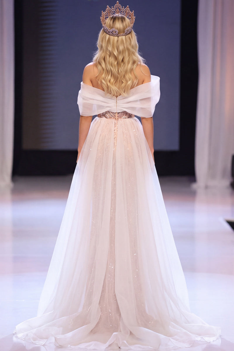 Laden Sie das Bild in den Galerie-Viewer, Blush Sheath Asymmetrische Off-the-Shoulder Paillettenapplikationen Maxi Pageant Kleid