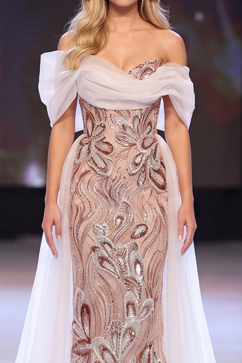 Laden Sie das Bild in den Galerie-Viewer, Blush Sheath Asymmetrische Off-the-Shoulder Paillettenapplikationen Maxi Pageant Kleid