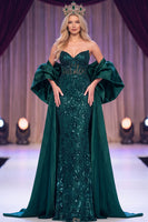 Laden Sie das Bild in den Galerie-Viewer, Dunkelgrünes Meerjungfrauen-Korsett, transparente Pailletten-Maxi-Pageant-Kleid mit Umhang