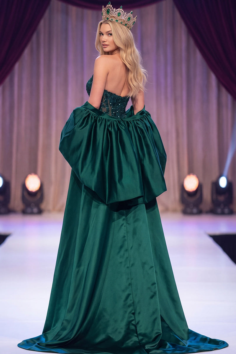 Laden Sie das Bild in den Galerie-Viewer, Dunkelgrünes Meerjungfrauen-Korsett, transparente Pailletten-Maxi-Pageant-Kleid mit Umhang