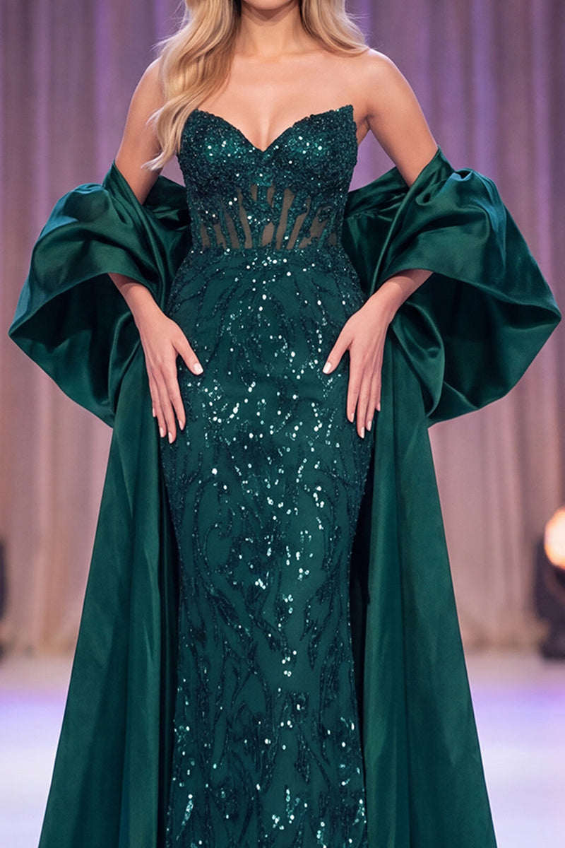 Laden Sie das Bild in den Galerie-Viewer, Dunkelgrünes Meerjungfrauen-Korsett, transparente Pailletten-Maxi-Pageant-Kleid mit Umhang