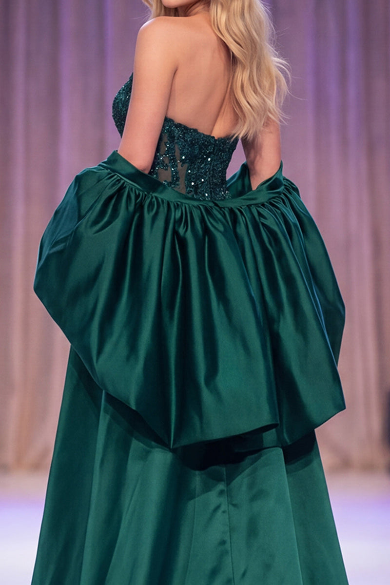 Laden Sie das Bild in den Galerie-Viewer, Dunkelgrünes Meerjungfrauen-Korsett, transparente Pailletten-Maxi-Pageant-Kleid mit Umhang