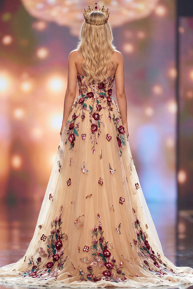 Laden Sie das Bild in den Galerie-Viewer, Champagne A-Line Pailletten 3D Blumenapplikation Maxi Pageant Kleid mit Seitenschlitz