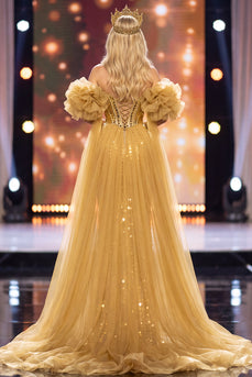 Goldene Meerjungfrauen Off-the-Shoulder Pailletten Maxi Pageant-Kleid mit Umhang