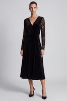 Laden Sie das Bild in den Galerie-Viewer, Schwarzes Midi Samtkleid mit Spitzen‑Langarm