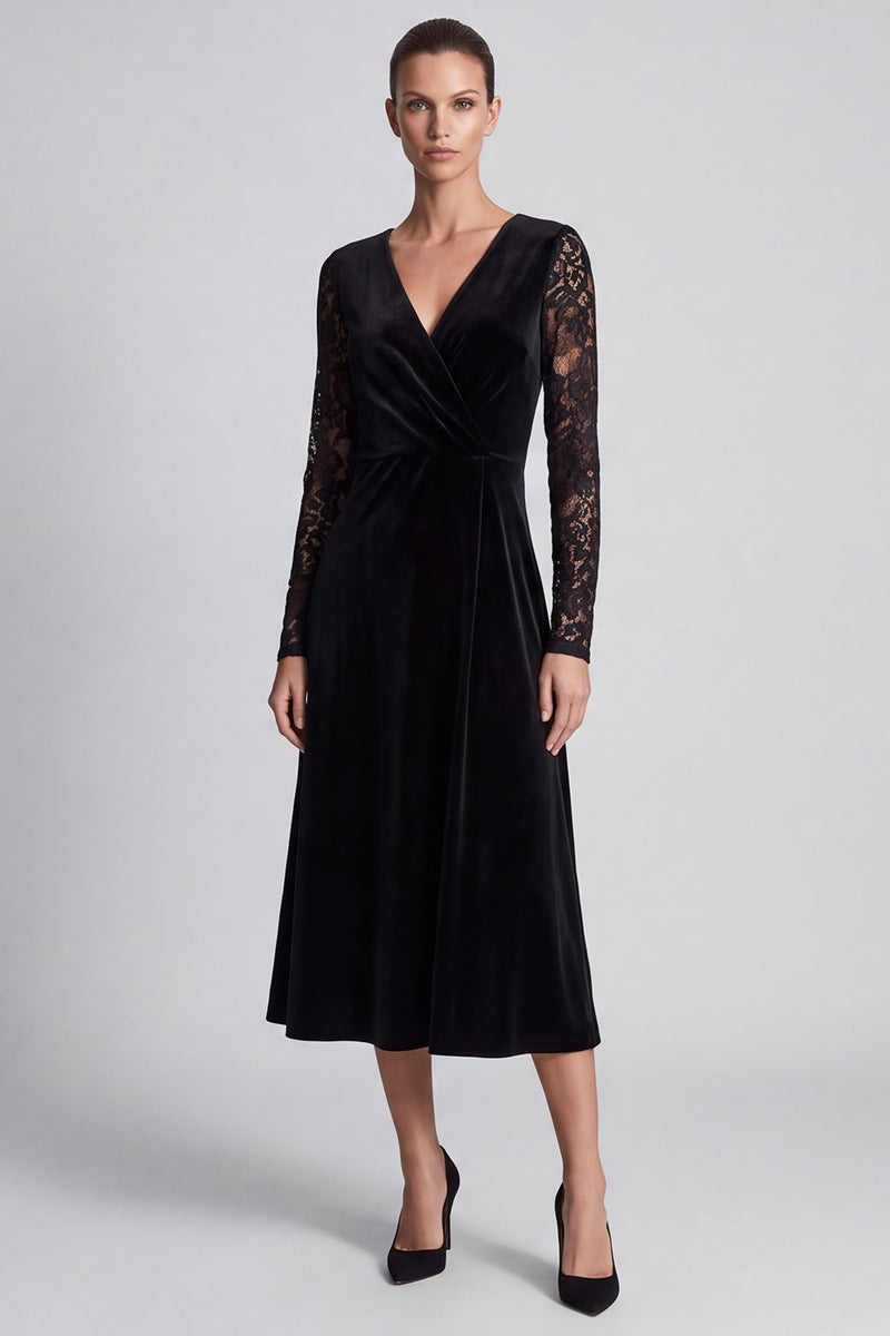 Laden Sie das Bild in den Galerie-Viewer, Schwarzes Midi Samtkleid mit Spitzen‑Langarm