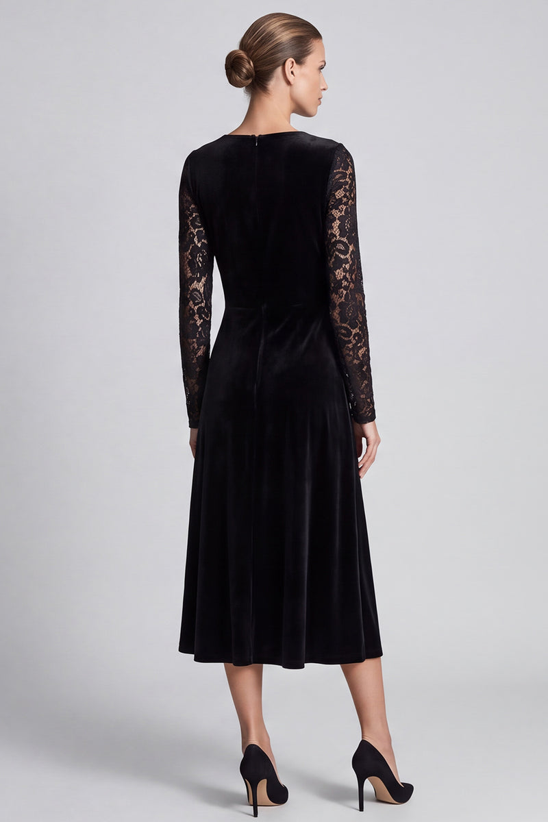 Laden Sie das Bild in den Galerie-Viewer, Schwarzes Midi Samtkleid mit Spitzen‑Langarm