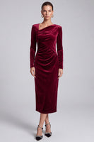 Laden Sie das Bild in den Galerie-Viewer, Bordeaux Samt Midi‑Kleid mit asymmetrischem Ausschnitt
