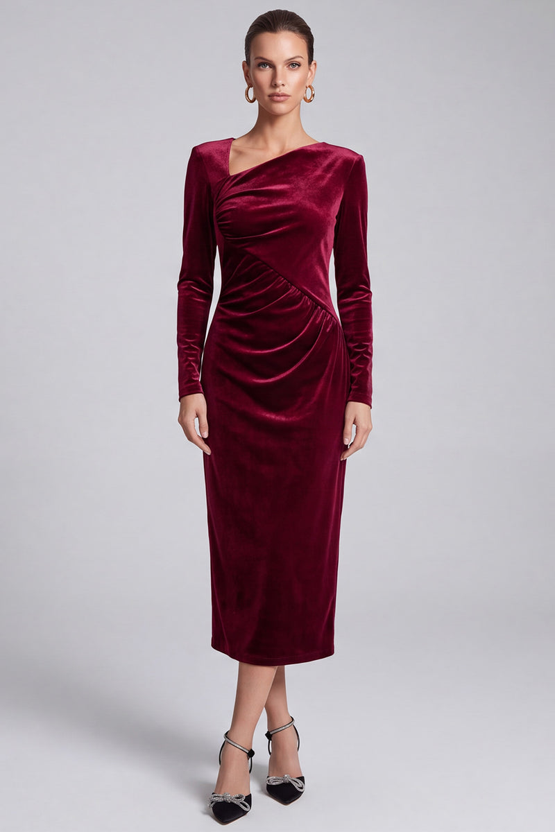 Laden Sie das Bild in den Galerie-Viewer, Bordeaux Samt Midi‑Kleid mit asymmetrischem Ausschnitt