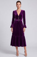 Laden Sie das Bild in den Galerie-Viewer, Lila V‑Ausschnitt Samt Midi Kleid mit Gürtel und Rüschenärmeln