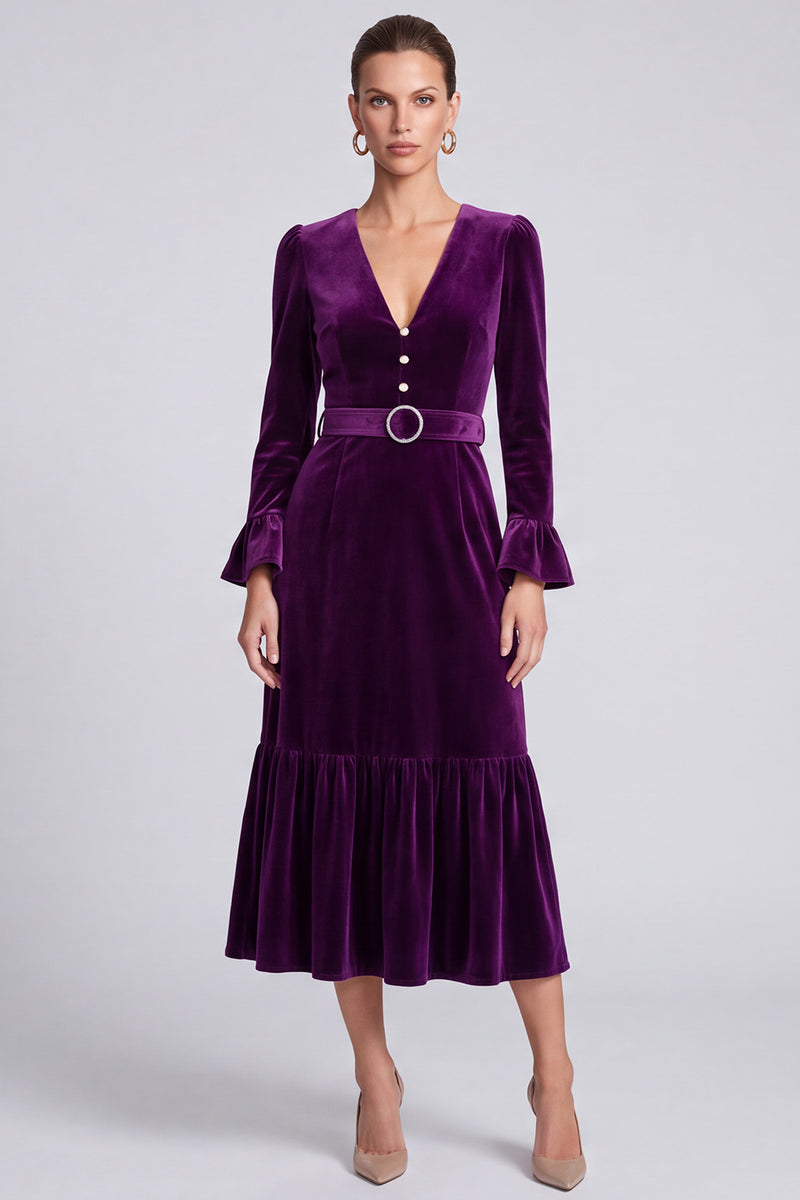 Laden Sie das Bild in den Galerie-Viewer, Lila V‑Ausschnitt Samt Midi Kleid mit Gürtel und Rüschenärmeln