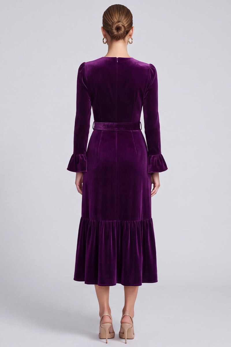 Laden Sie das Bild in den Galerie-Viewer, Lila V‑Ausschnitt Samt Midi Kleid mit Gürtel und Rüschenärmeln