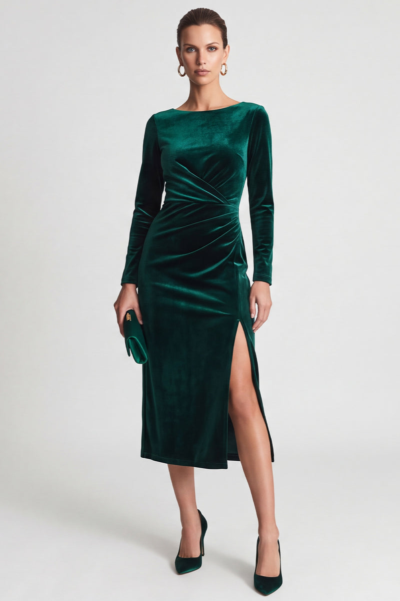 Laden Sie das Bild in den Galerie-Viewer, Dunkelgrünes Boot‑Ausschnitt Samt Midi Kleid mit Schlitz