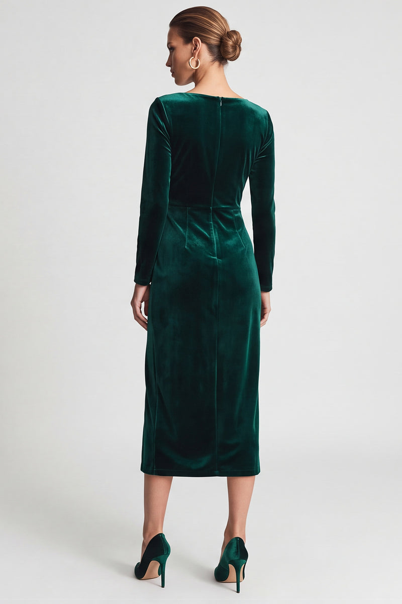 Laden Sie das Bild in den Galerie-Viewer, Dunkelgrünes Boot‑Ausschnitt Samt Midi Kleid mit Schlitz