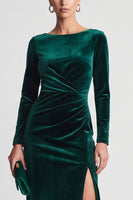 Laden Sie das Bild in den Galerie-Viewer, Dunkelgrünes Boot‑Ausschnitt Samt Midi Kleid mit Schlitz