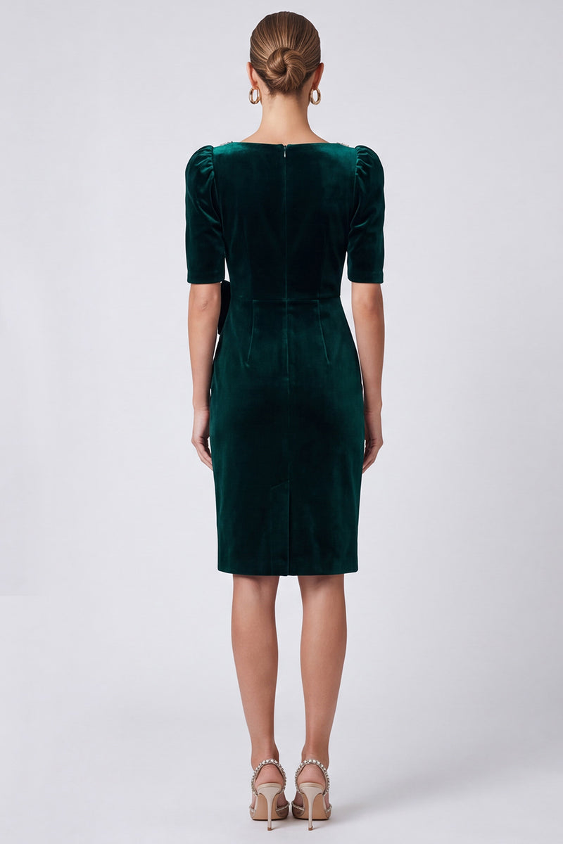 Laden Sie das Bild in den Galerie-Viewer, Dunkelgrünes Strassbesatz Samt‑Kleid mit Quadrat‑Ausschnitt und Schleife