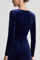Laden Sie das Bild in den Galerie-Viewer, Marineblaues Samt Midi Kleid mit V‑Ausschnitt und Blumen‑Applikation
