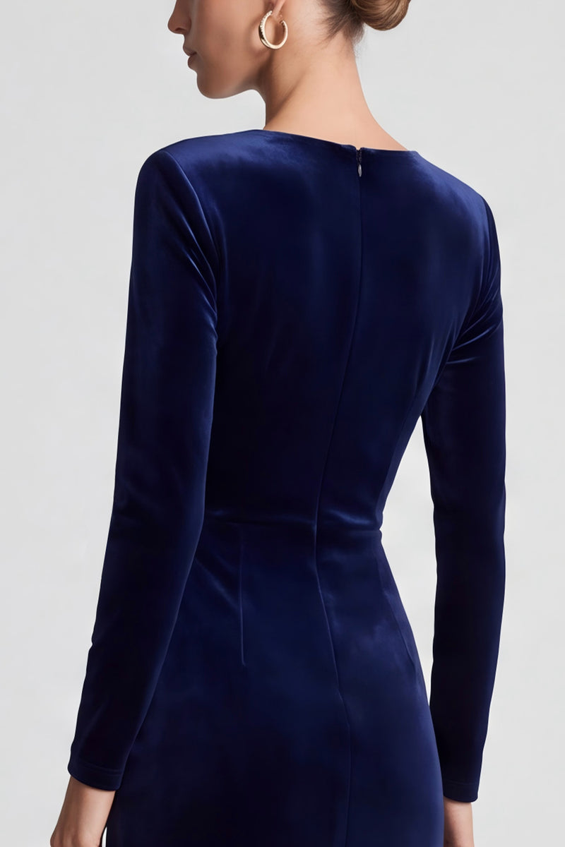 Laden Sie das Bild in den Galerie-Viewer, Marineblaues Samt Midi Kleid mit V‑Ausschnitt und Blumen‑Applikation