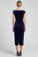 Laden Sie das Bild in den Galerie-Viewer, Marineblaues Samt Midi Kleid mit Wasserfall‑Drapierung und Schlitz