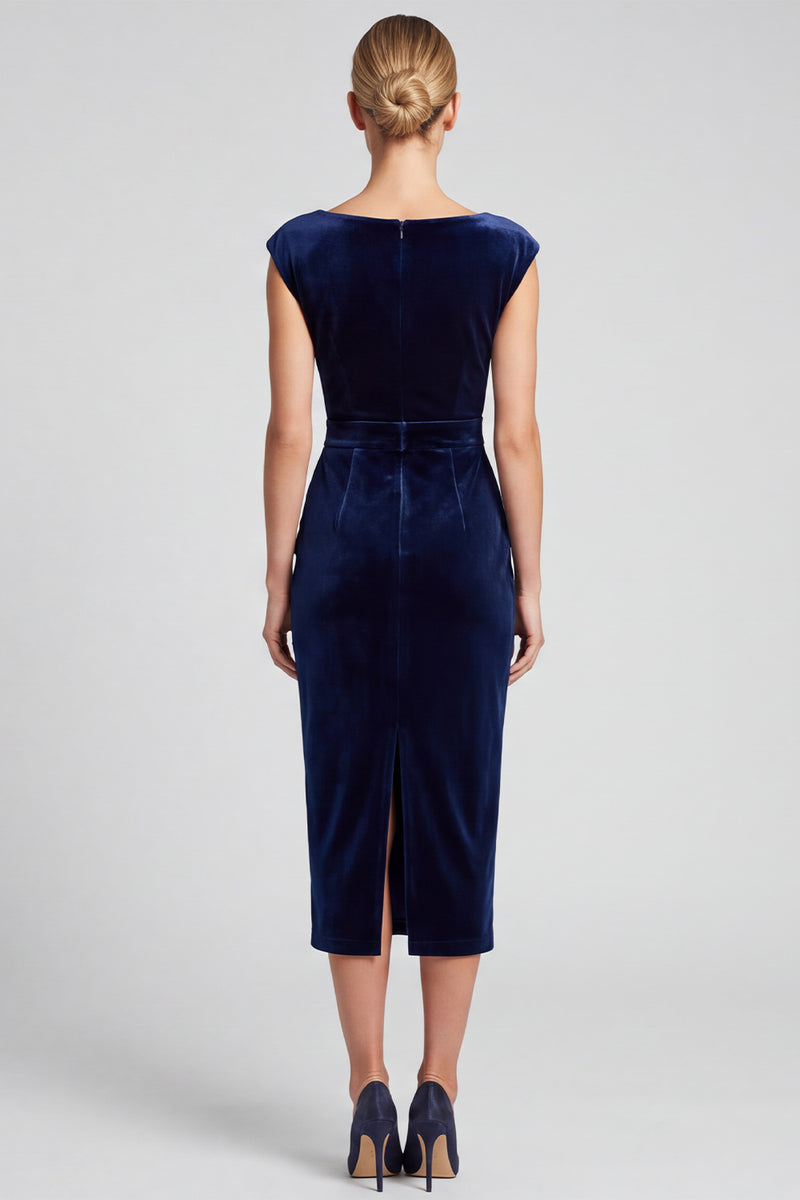 Laden Sie das Bild in den Galerie-Viewer, Marineblaues Samt Midi Kleid mit Wasserfall‑Drapierung und Schlitz