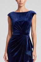 Laden Sie das Bild in den Galerie-Viewer, Marineblaues Samt Midi Kleid mit Wasserfall‑Drapierung und Schlitz