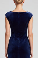 Laden Sie das Bild in den Galerie-Viewer, Marineblaues Samt Midi Kleid mit Wasserfall‑Drapierung und Schlitz