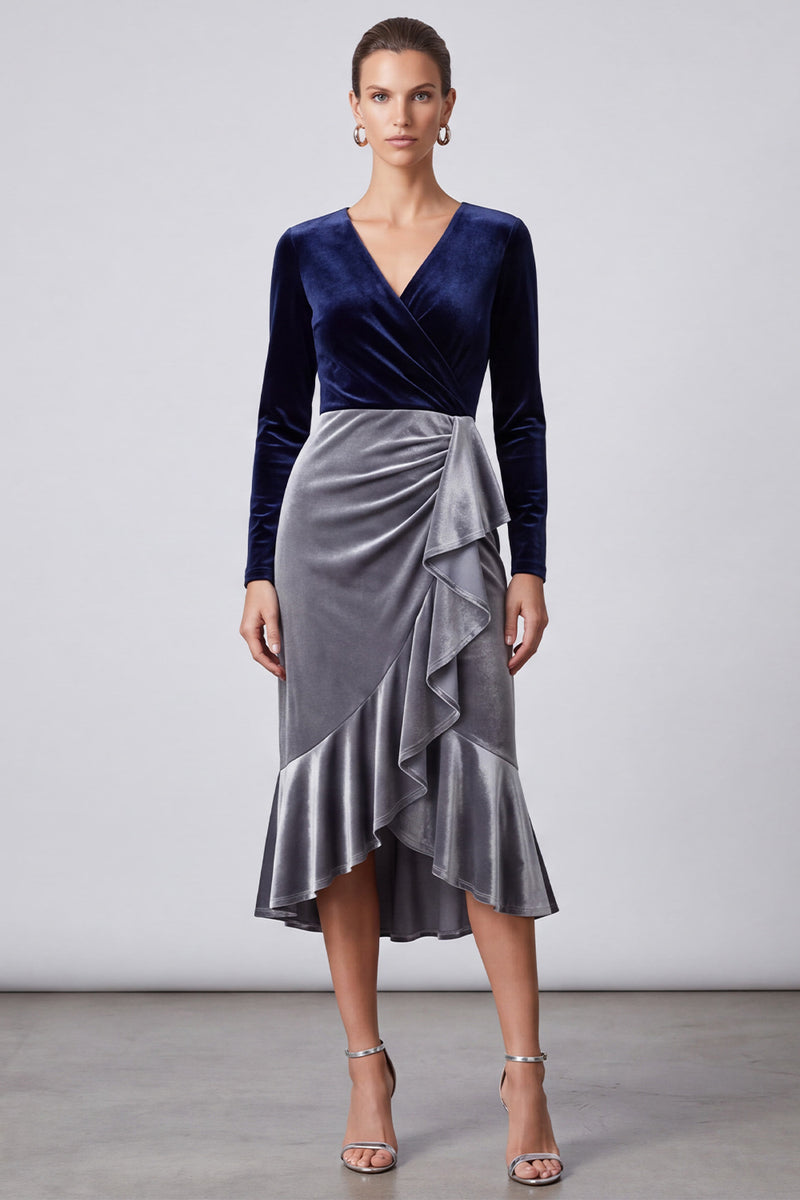 Laden Sie das Bild in den Galerie-Viewer, Marine‑Graues Langarm Samt Midi Kleid mit Rüschen