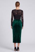 Laden Sie das Bild in den Galerie-Viewer, Dunkelgrünes Samt Langarm Midi‑Kleid mit schwarze Spitze und Schlitz