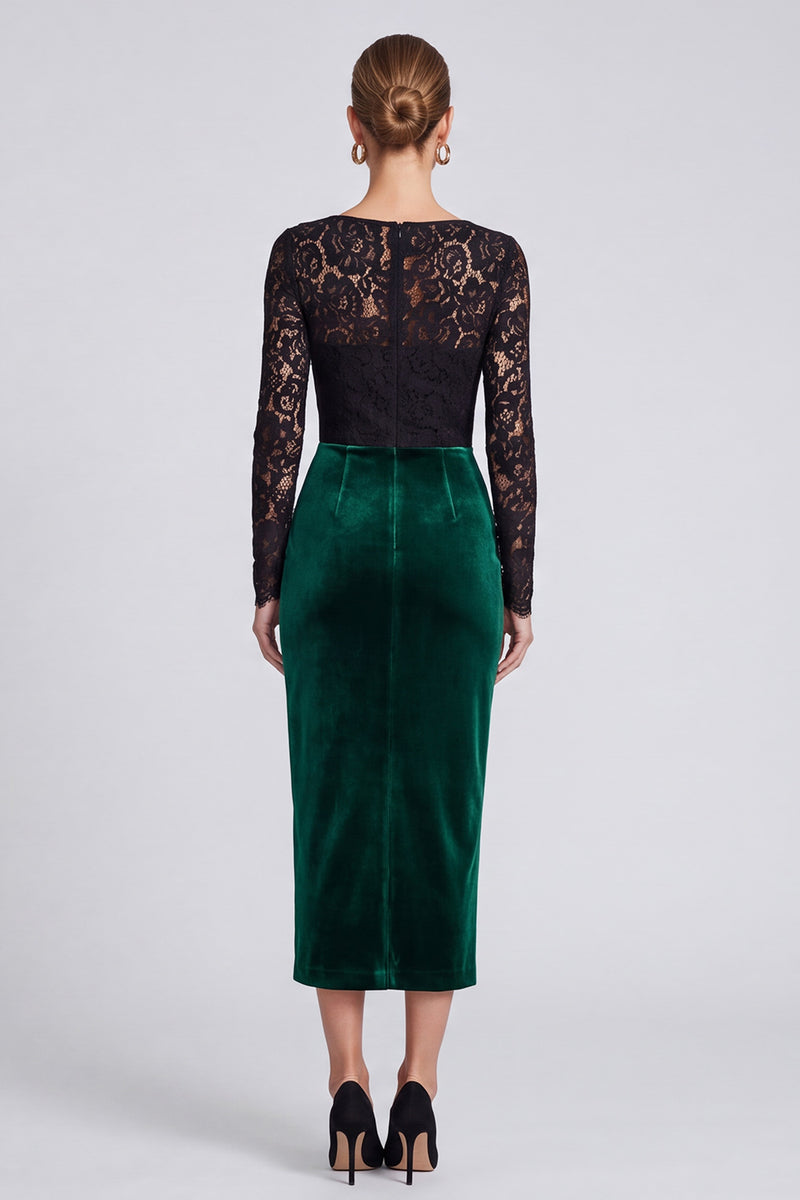 Laden Sie das Bild in den Galerie-Viewer, Dunkelgrünes Samt Langarm Midi‑Kleid mit schwarze Spitze und Schlitz