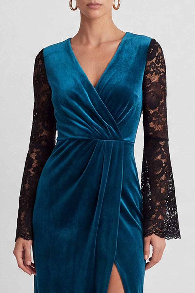 Laden Sie das Bild in den Galerie-Viewer, Petrolblaues Samt Midi Kleid mit schwarzen Spitzen‑Flammenärmeln und Schlitz