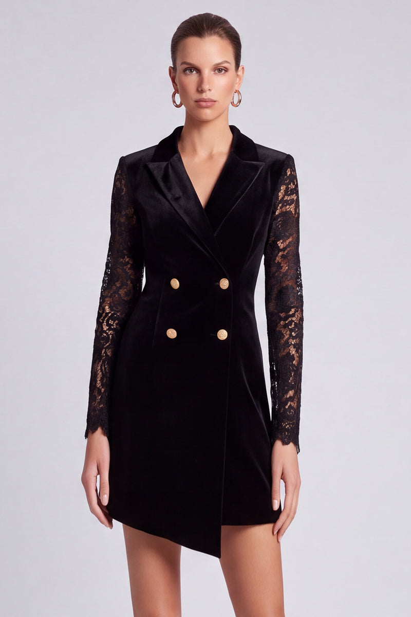 Laden Sie das Bild in den Galerie-Viewer, Schwarzes Samt‑Blazer‑Minikleid mit Spitzenärmeln