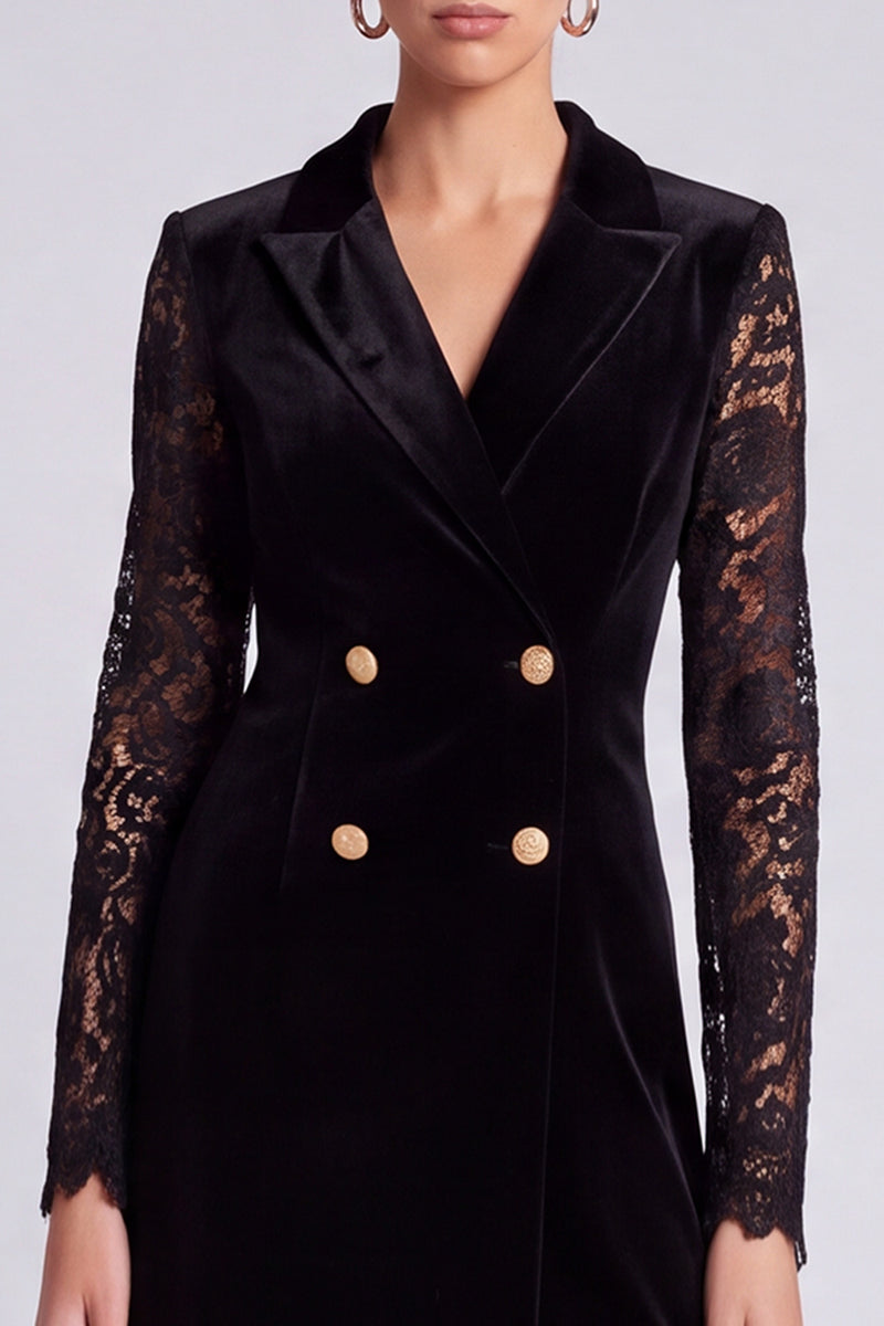 Laden Sie das Bild in den Galerie-Viewer, Schwarzes Samt‑Blazer‑Minikleid mit Spitzenärmeln
