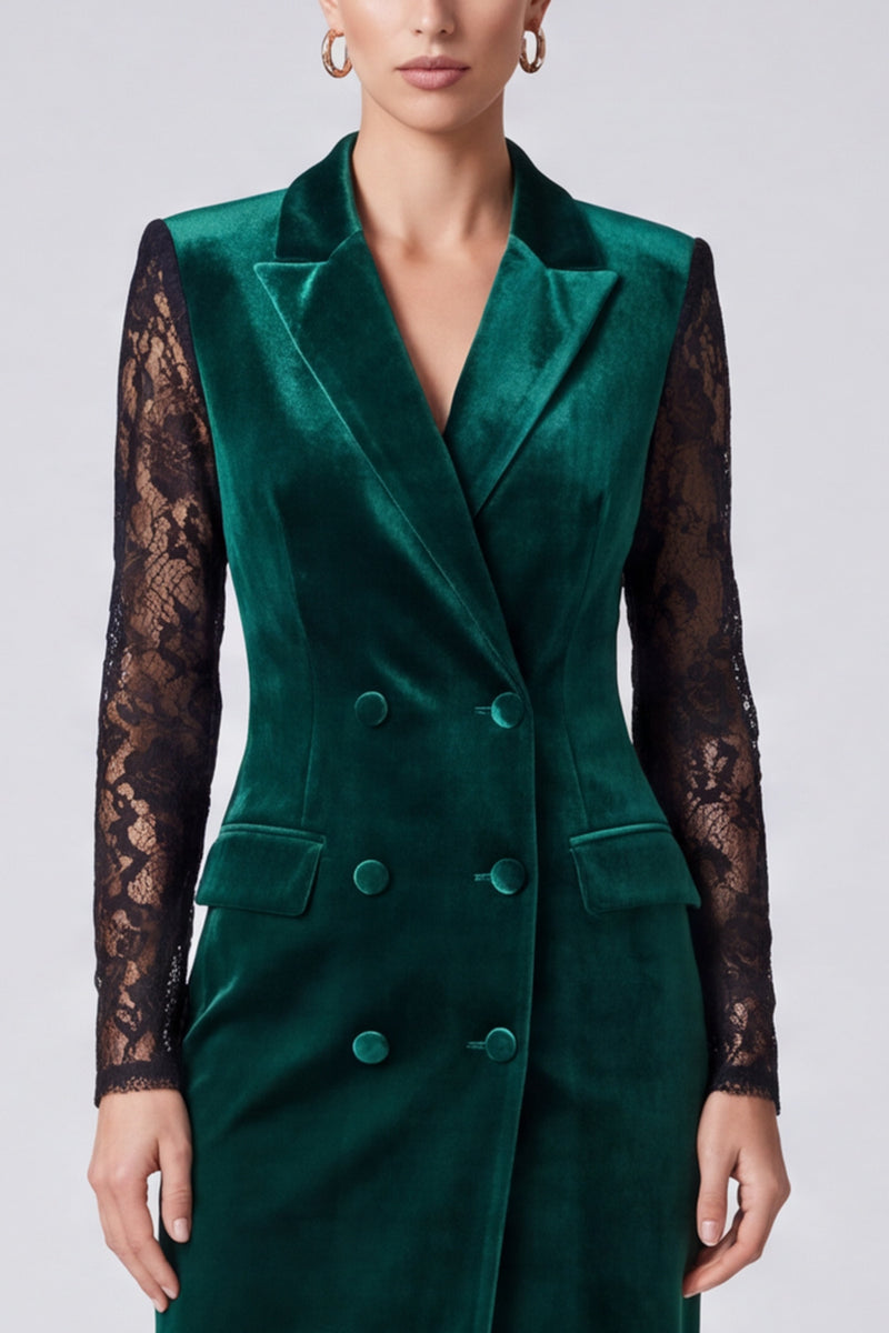 Laden Sie das Bild in den Galerie-Viewer, Dunkelgrünes Samt‑Blazer‑Midikleid mit Spitzenärmeln