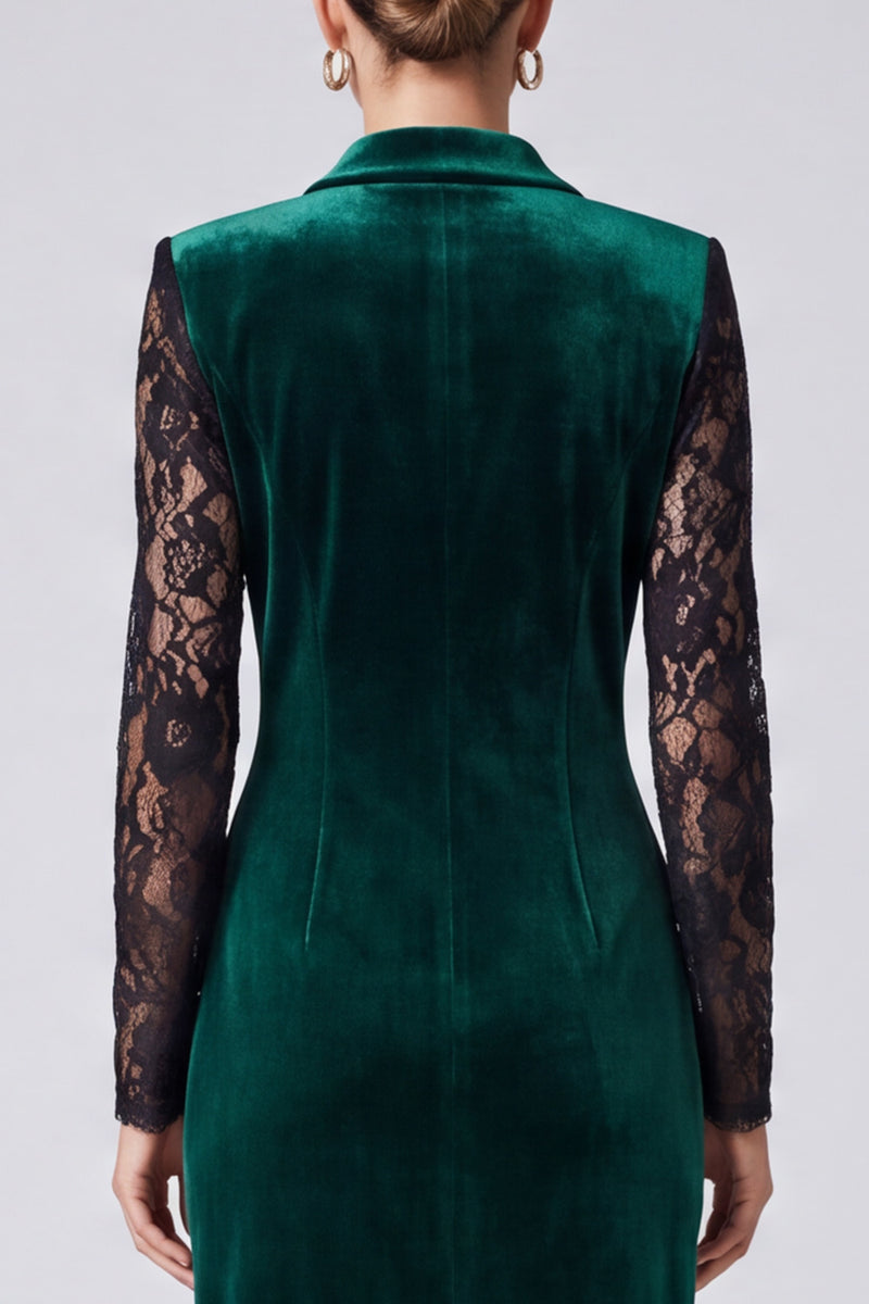 Laden Sie das Bild in den Galerie-Viewer, Dunkelgrünes Samt‑Blazer‑Midikleid mit Spitzenärmeln