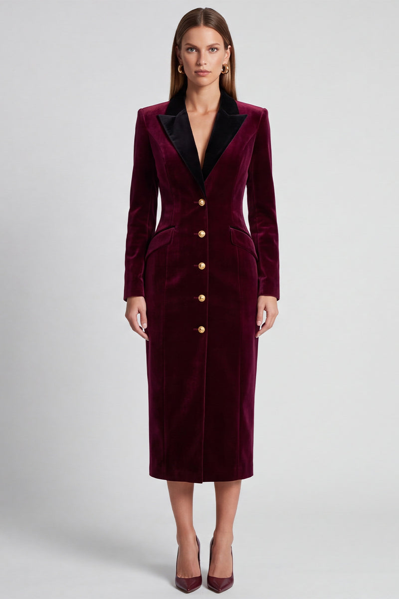 Laden Sie das Bild in den Galerie-Viewer, Burgunder Samt Blazer‑Midikleid mit schwarzem Reverskragen