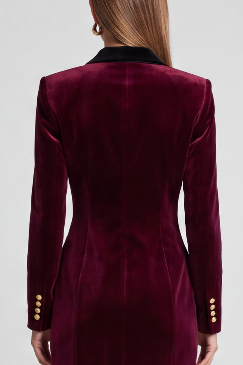 Laden Sie das Bild in den Galerie-Viewer, Burgunder Samt Blazer‑Midikleid mit schwarzem Reverskragen