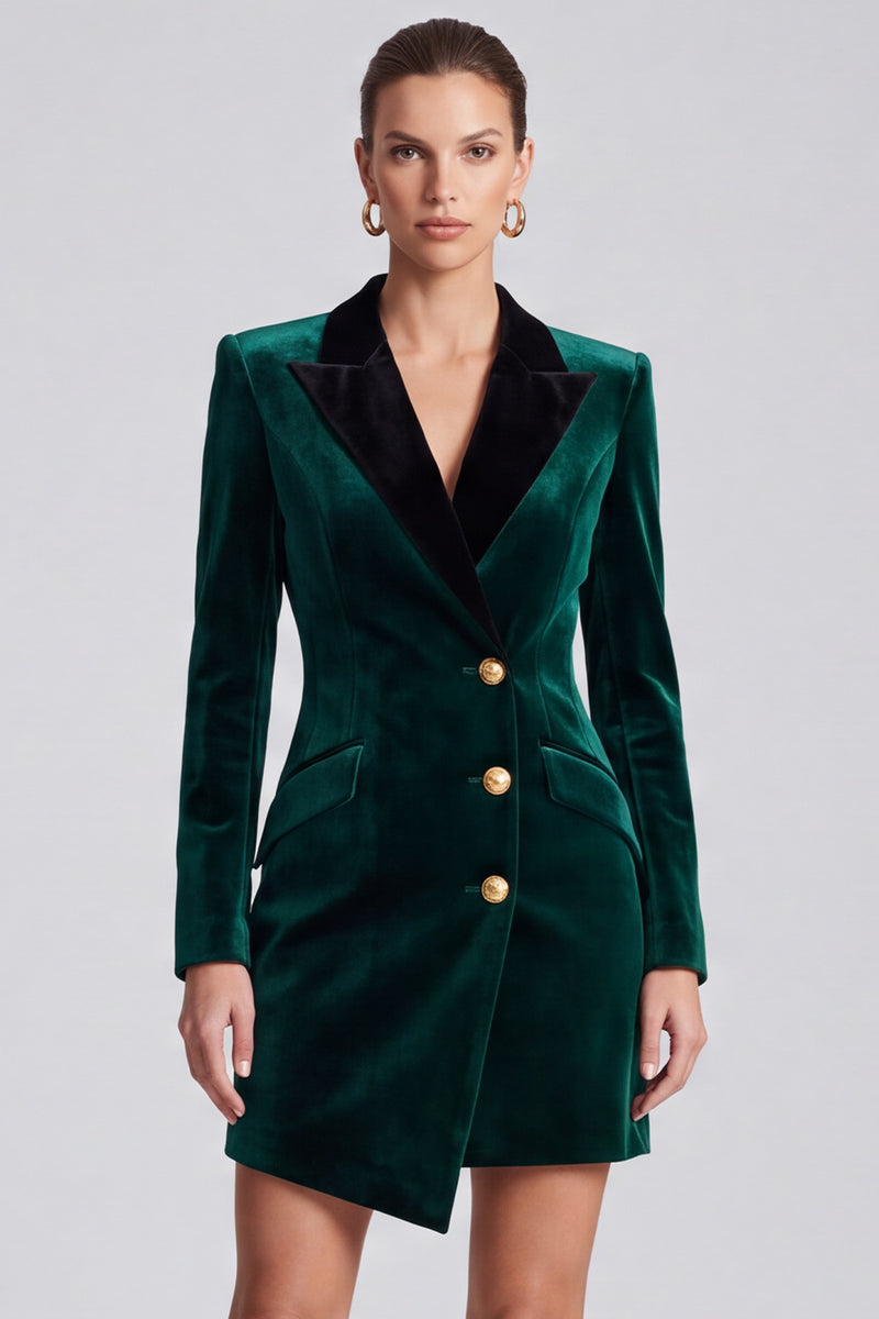 Laden Sie das Bild in den Galerie-Viewer, Dunkelgrünes Samt‑Blazer‑Minikleid mit schwarzem Reverskragen