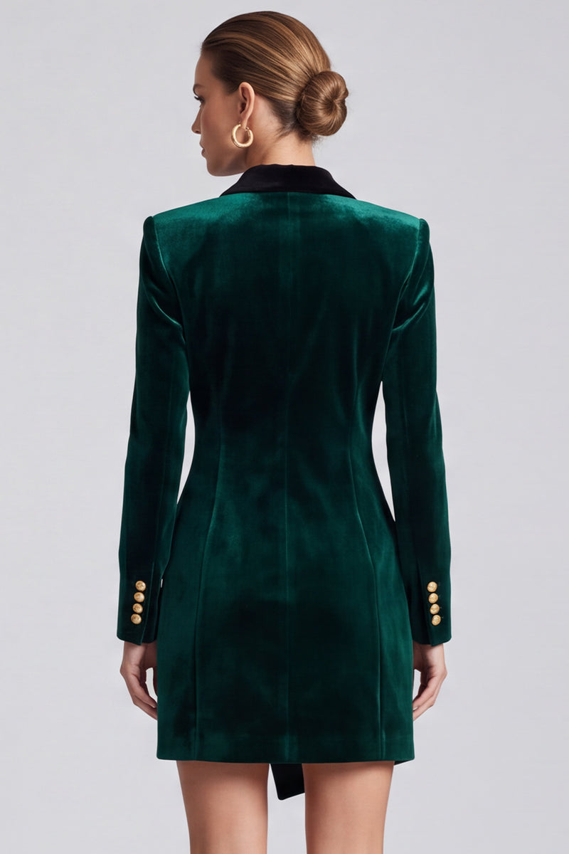 Laden Sie das Bild in den Galerie-Viewer, Dunkelgrünes Samt‑Blazer‑Minikleid mit schwarzem Reverskragen