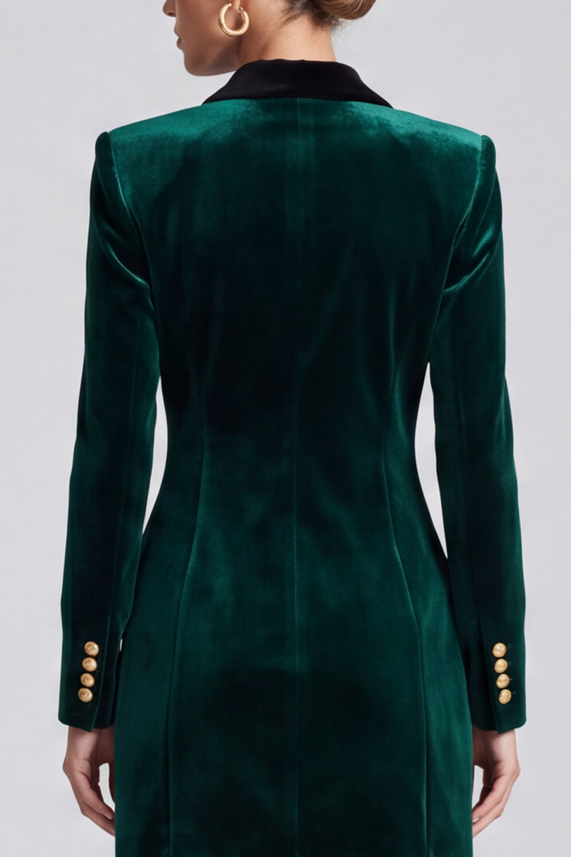 Laden Sie das Bild in den Galerie-Viewer, Dunkelgrünes Samt‑Blazer‑Minikleid mit schwarzem Reverskragen