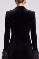 Laden Sie das Bild in den Galerie-Viewer, Schwarzes Samt‑Blazer‑Minikleid mit Spitzen‑Glockenärmeln