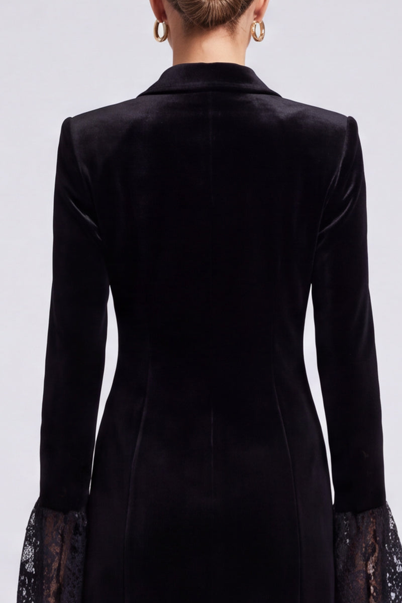 Laden Sie das Bild in den Galerie-Viewer, Schwarzes Samt‑Blazer‑Minikleid mit Spitzen‑Glockenärmeln