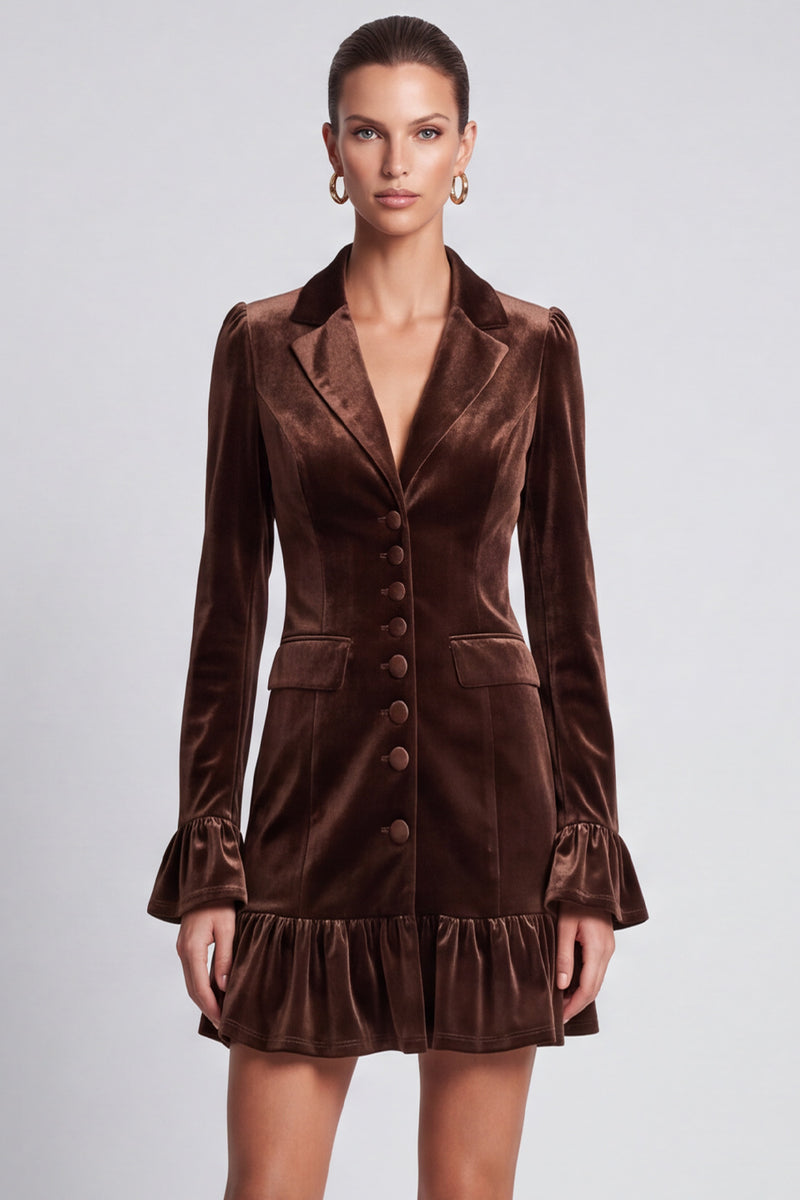 Laden Sie das Bild in den Galerie-Viewer, Dunkelbraunes Samt‑Blazer‑Minikleid mit Rüschensaum